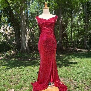 Long Split Red Sequined Dress S
